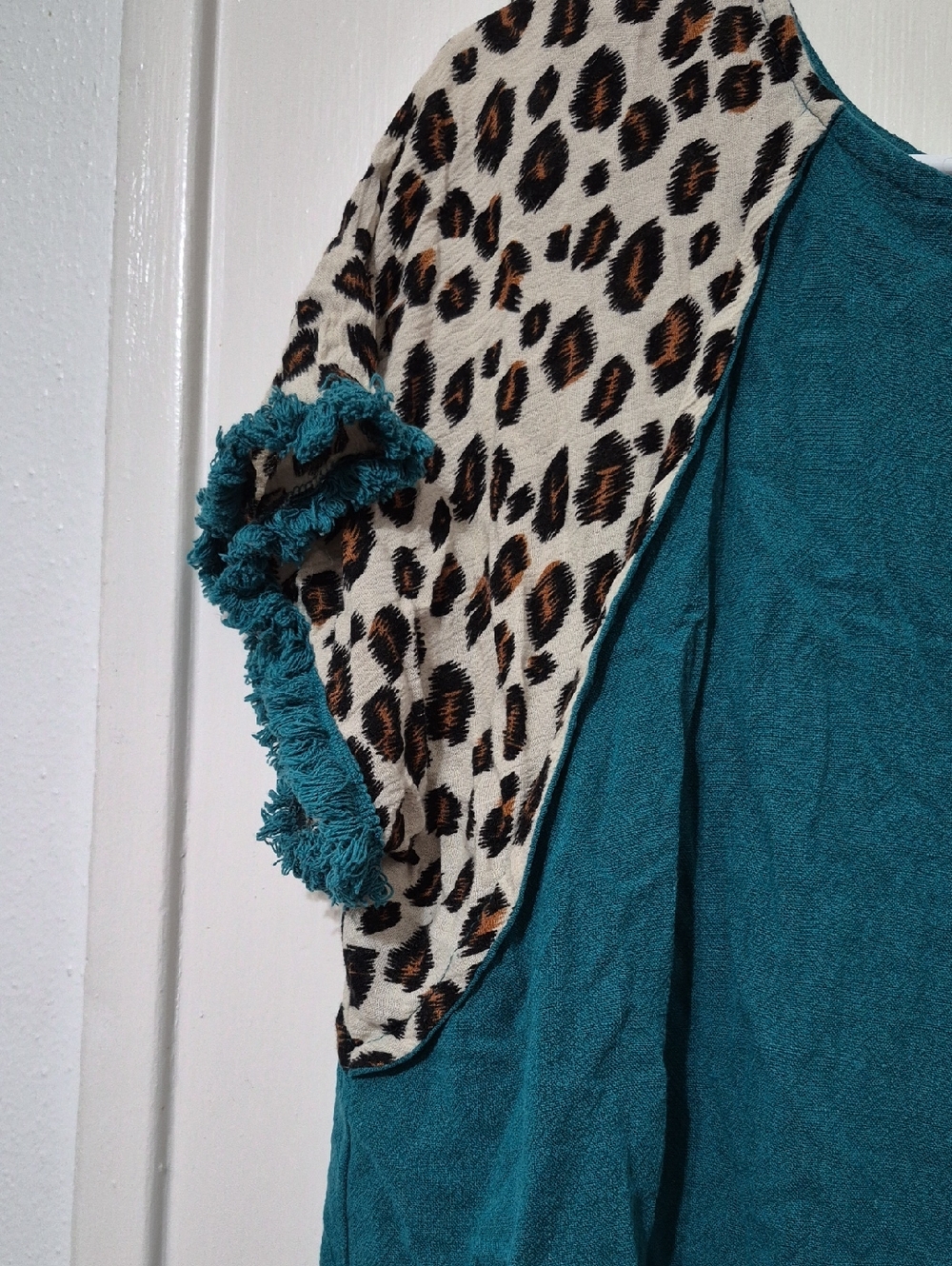 Teal Top with Leopard Print Sleeves - Picture 2 of 7